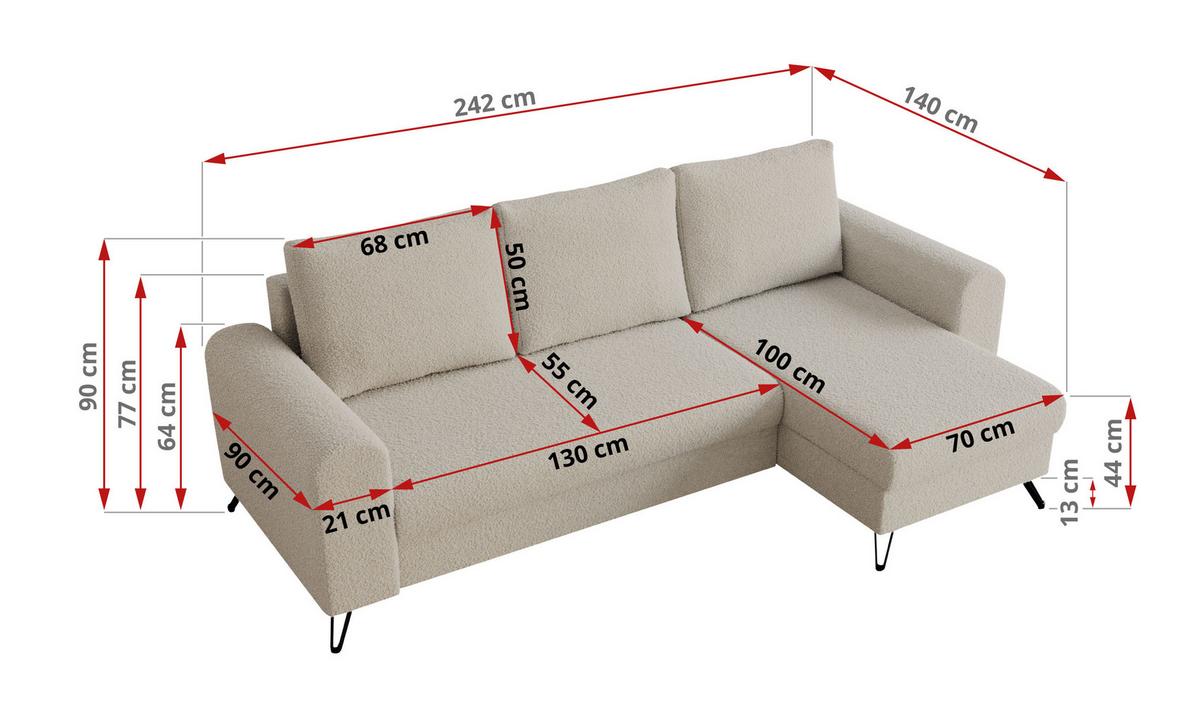 ECKSOFA Hugo Boucle Beige - Beige/Schwarz, Textil/Metall (242/140cm) - MKS