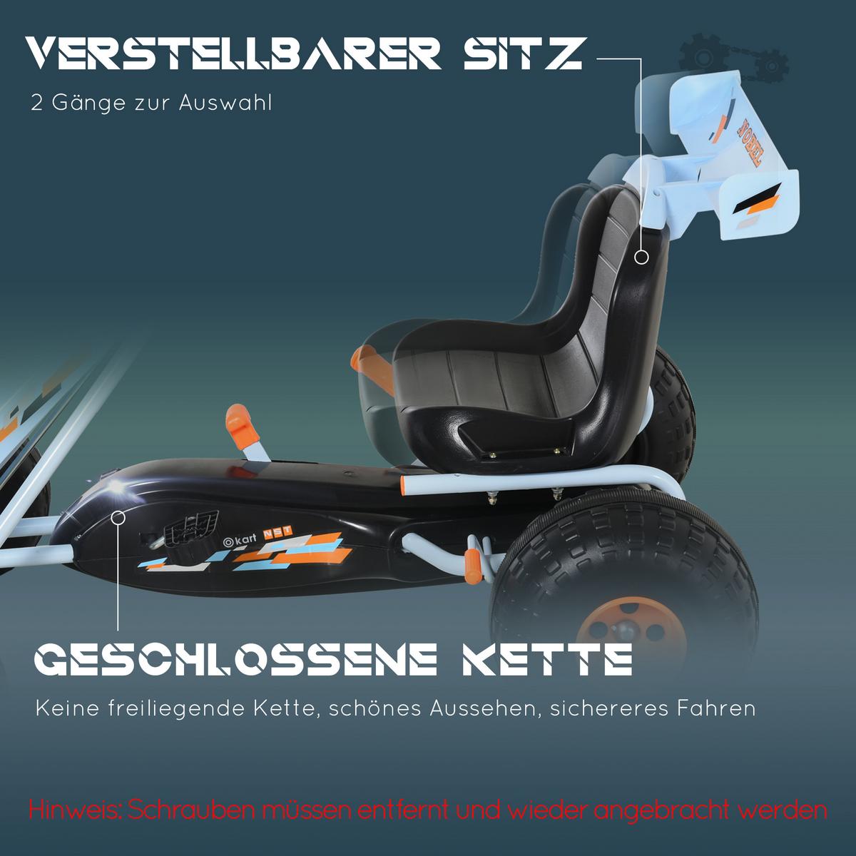 GO Kart Mit Pedal Kinderfahrzeug Tretauto mit Pedal ab 3 Jahre Stahl Hellblau - Hellblau, Metall (97/66/59cm) - HOMCOM