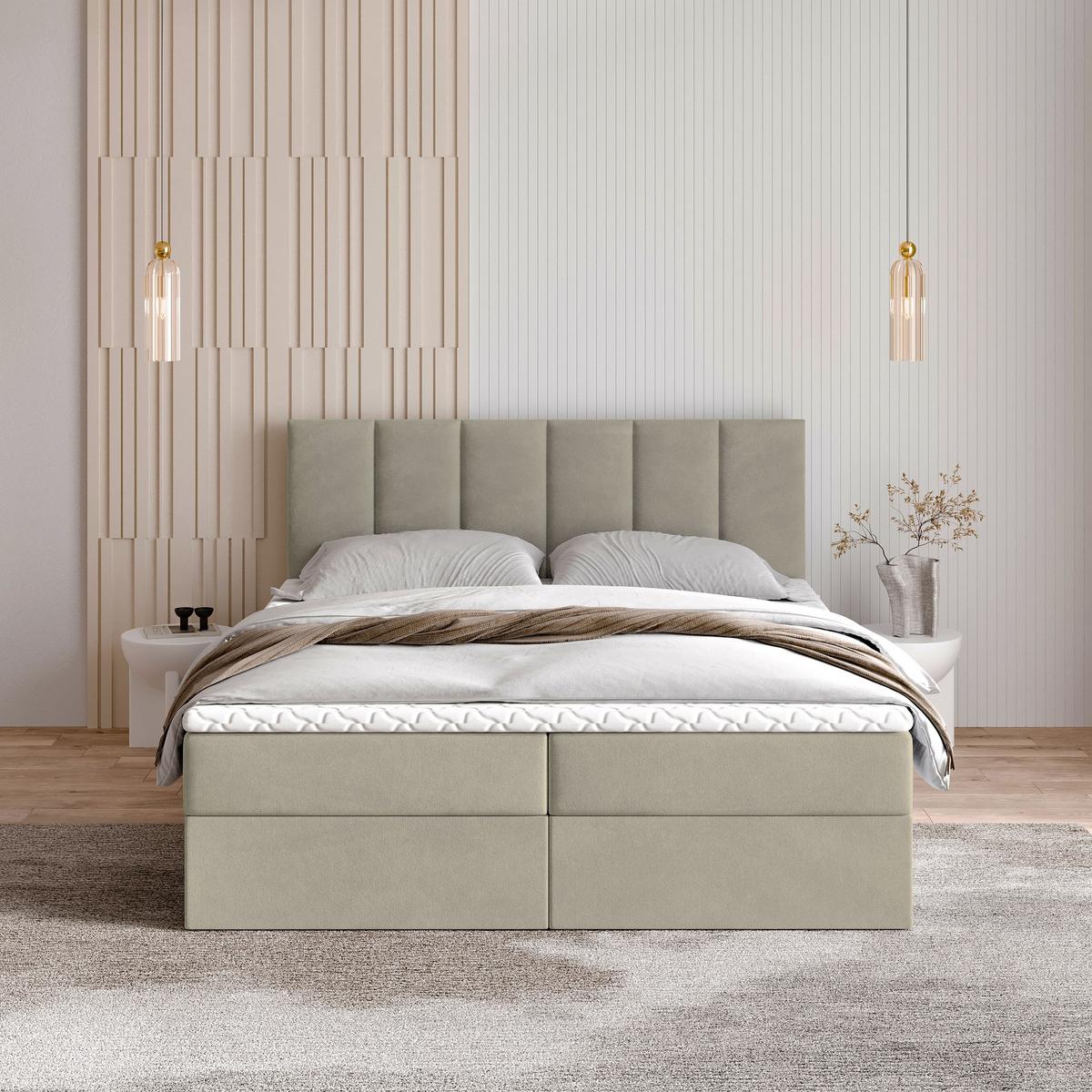 BOXBETT MERIL 140x200 cm mit Matratze und Topper - Beige - Beige, Holz (140/200cm) - MASSENO