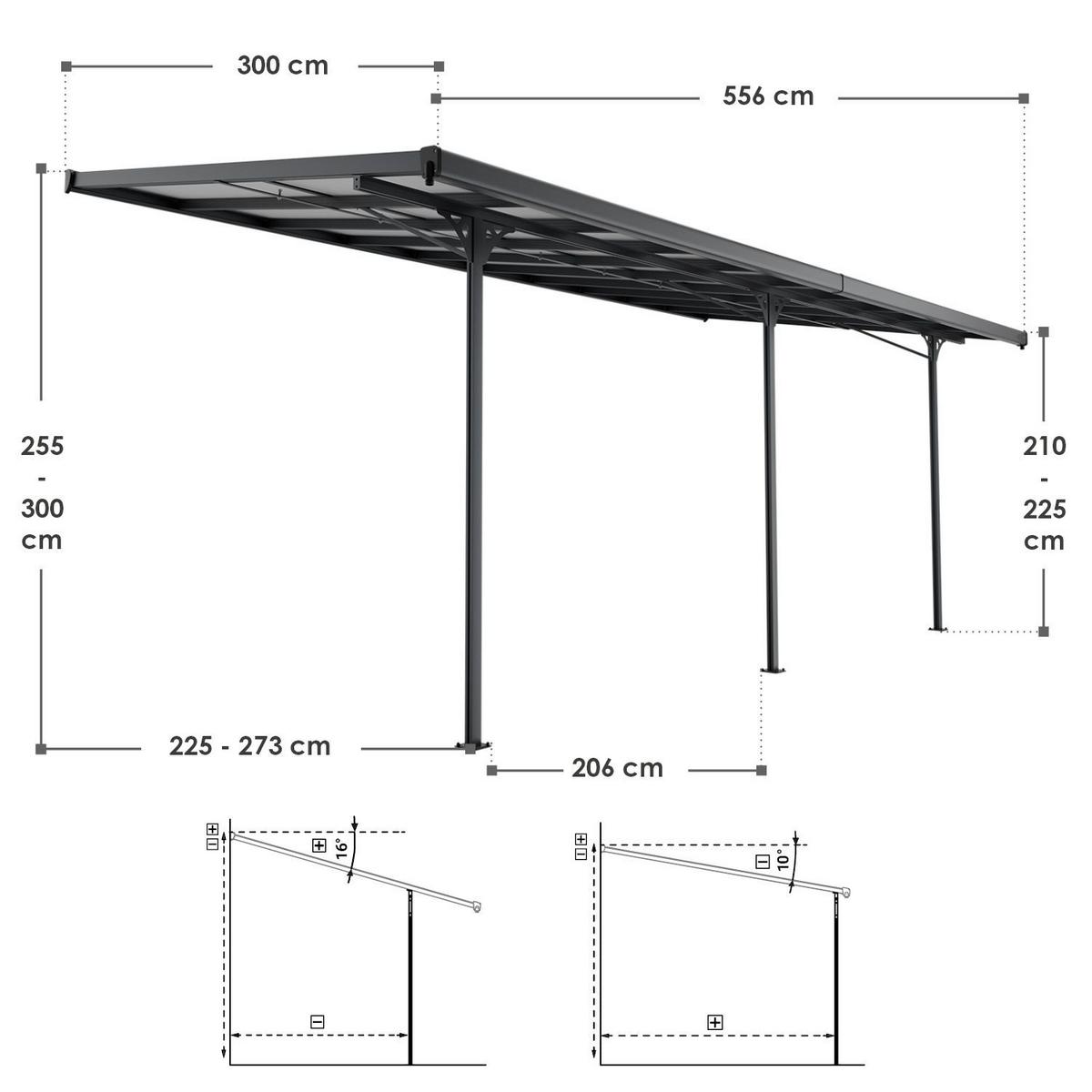 TERRASSENDACH Borneo Aluminium 5,5x3m dunkelgrau - Dunkelgrau, Metall (556/300/300cm) - Juskys