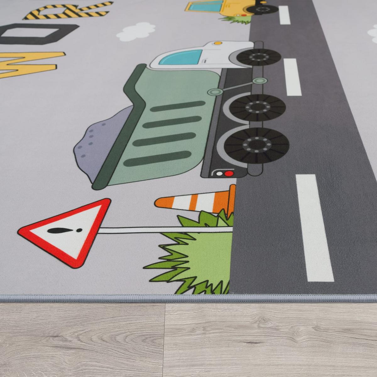 KINDERTEPPICH Waschbar, mit Baustellenfahrzeug-Motiv, Grau, 80 x 150 cm - Grau, Textil (150/80cm) - KADIMA DESIGN