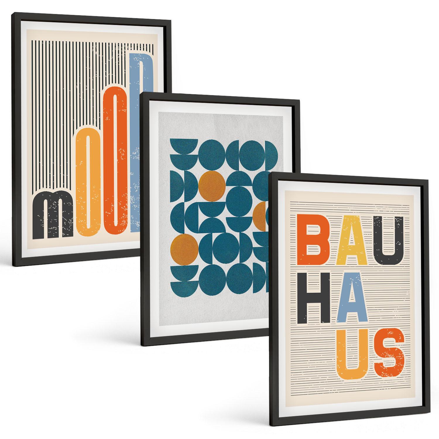 BILDER SET 3er Set - 40x60 cm Schwarzer Rahmen - Geometrische Muster im Bauhaus-Stil - Schwarz, Kunststoff (40/60cm) - TULUP