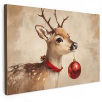 LEINWANDBILD Weihnachten - Hirsch - Geweih - Weihnachtskugel - Rentier Deko Schlafzimmer 30x20 cm - Hellbraun, Textil (30/20cm) - MuchoWow