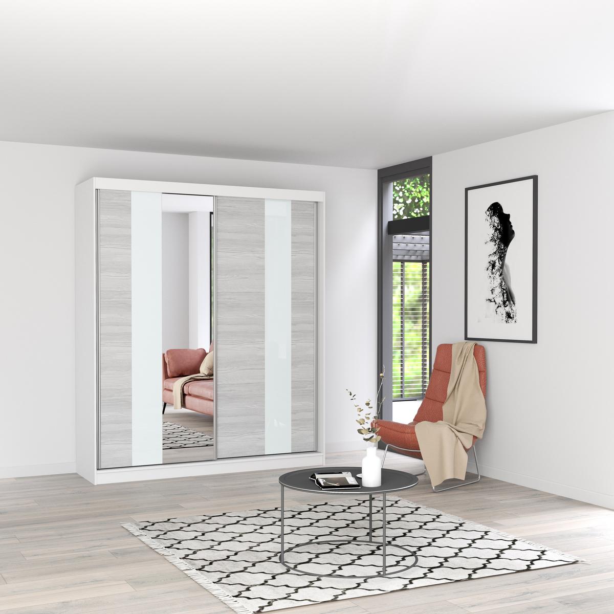 SCHWEBETÜRENSCHRANK Multi 32 Weiß/Kathult Weiß mit LED Beleuchtung 203 cm - Alufarben/Weiß, Glas/Holzwerkstoff (203/218/61cm) - imoebel24