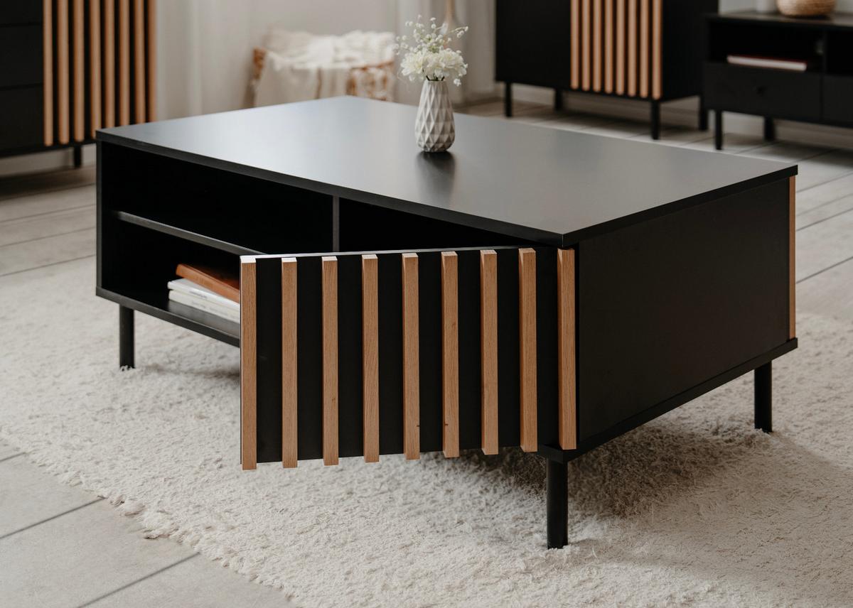 COUCHTISCH schwarz, Eiche 110 cm, Wohnzimmertisch mit Stauraum - Schwarz/Eiche Artisan, Holzwerkstoff/Metall (67/110.5/47cm) - Furn.Design