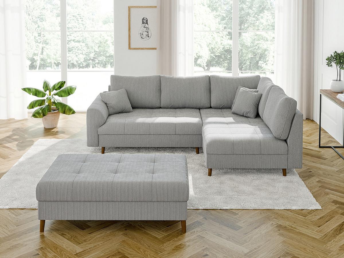 ECKSOFA inkl. Hocker Alma Hellgrau Cord - Ottomane rechts - Hellgrau/Braun, Holz/Textil (231/161cm) - S-Style Möbel