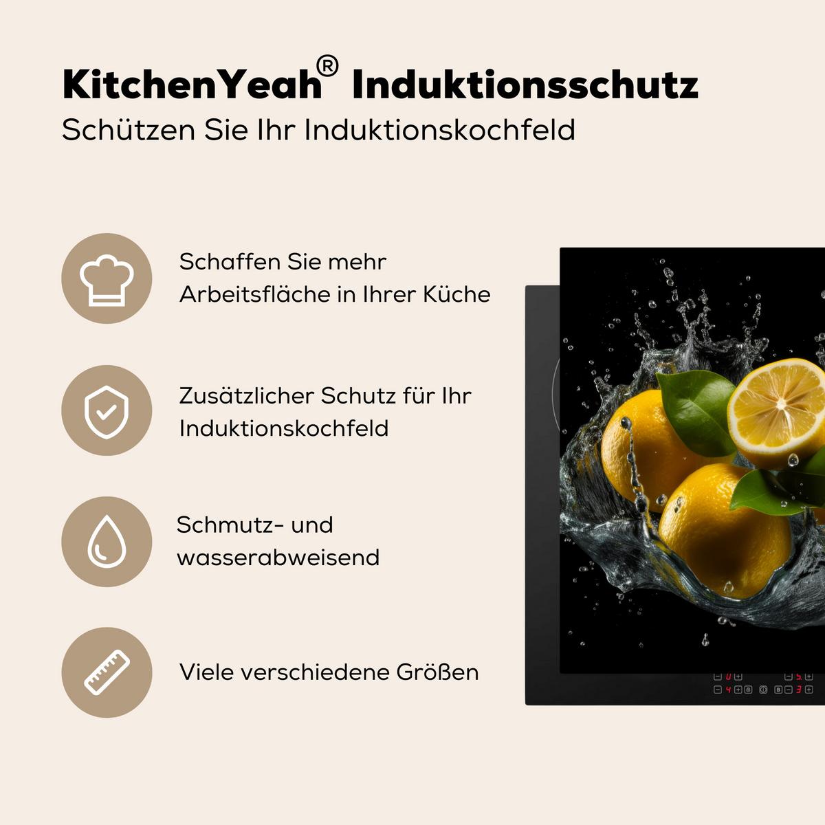 HERDABDECKPLATTE Zitrone - Obst - Gelb - Schwarz Induktionsmatte 78x78 cm - Gelb, Kunststoff (78/78/0.2cm) - MuchoWow