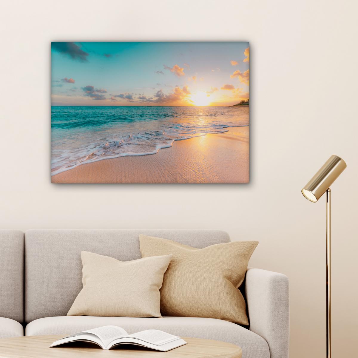 LEINWANDBILD Sonnenuntergang - Strand - Meer - Sommer - Blau Wandbilder 80x60 cm - Multicolor, Textil (80/60cm) - MuchoWow