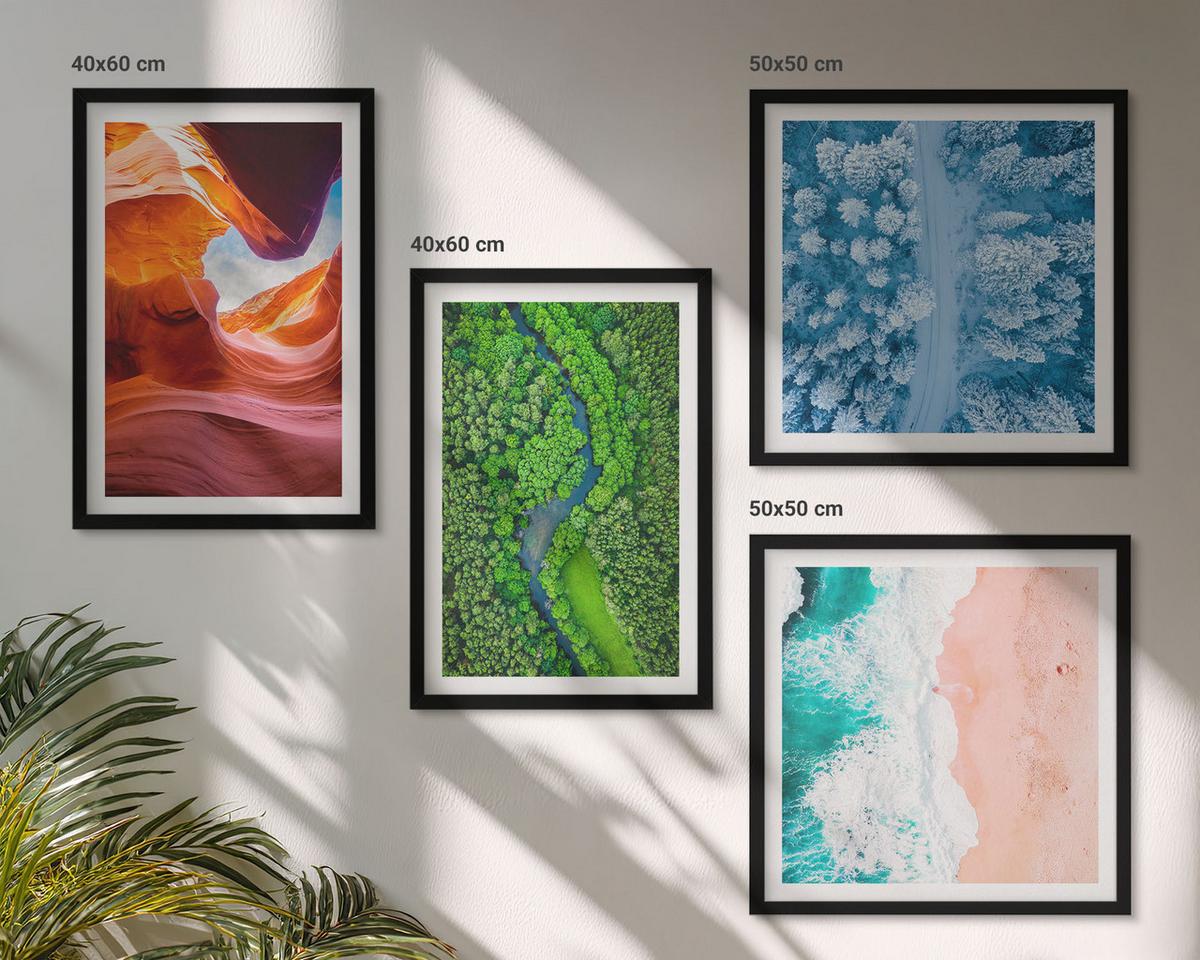 BILDER SET 4er Set - 50x50 cm & 40x60 cm Schwarzer Rahmen - Grün der Wasserschlucht im Winter - Schwarz, Kunststoff (50/50cm) - TULUP