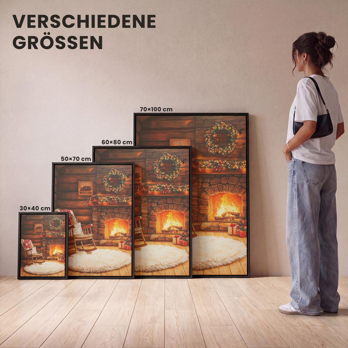 LEINWAND Bilder mit Rahmen - Winter - Weihnachten - Zuhause - Kamin - 30x40 - Bernsteinfarben, Textil (30/40cm) - MuchoWow