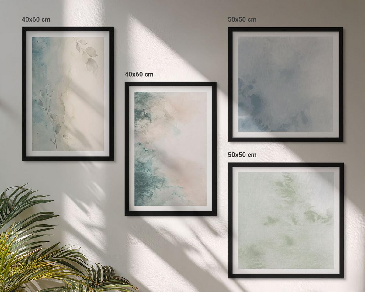 BILDER SET 4er Set - 50x50 cm & 40x60 cm Schwarzer Rahmen - Aquarell-Leinwandstil - Schwarz, Kunststoff (50/50cm) - TULUP