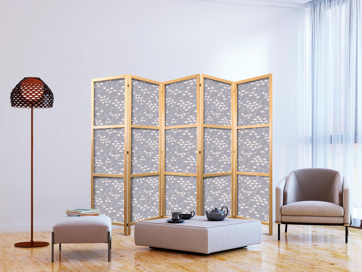 PARAVENT Japanischer 5-tlg 225x172 cm Fischschwarm - Grau, Holz/Textil (225/172/3cm) - Muralo