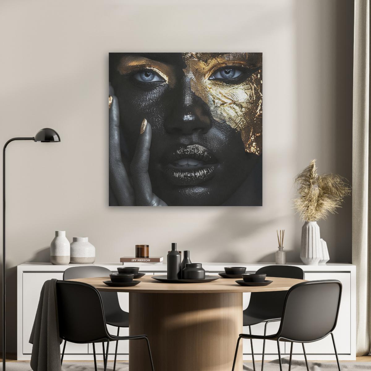 AKUSTIKBILD Frau - Gold - Porträt - Schwarz-Weiß - Luxus Akustikpaneele 80x80 cm - Hellblau, Kunststoff (80/80/0.9cm) - MuchoWow