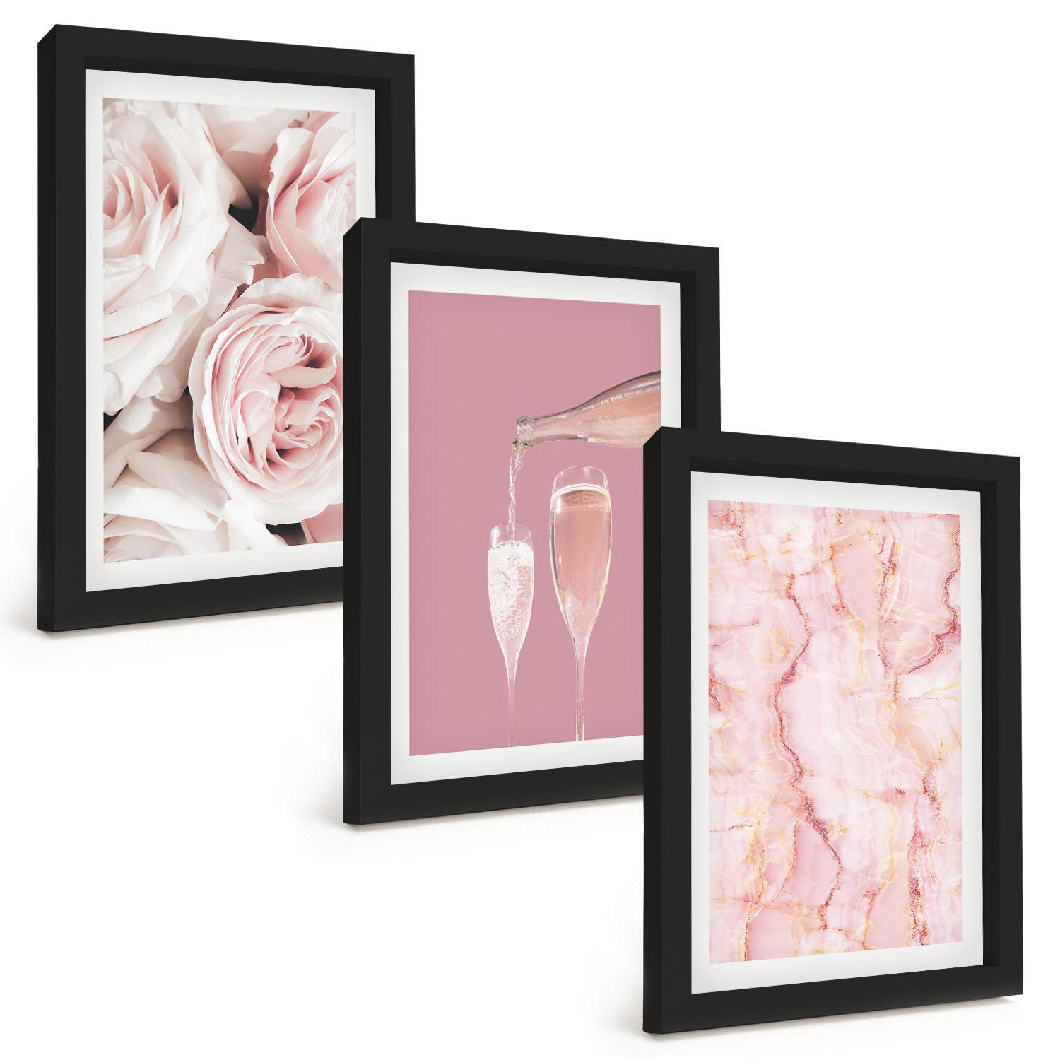 BILDER SET 3er Set - 20x30 cm Schwarzer Rahmen - Champagnerfarbene Rosen, Marmorhintergrund - Schwarz, Kunststoff (20/30cm) - TULUP