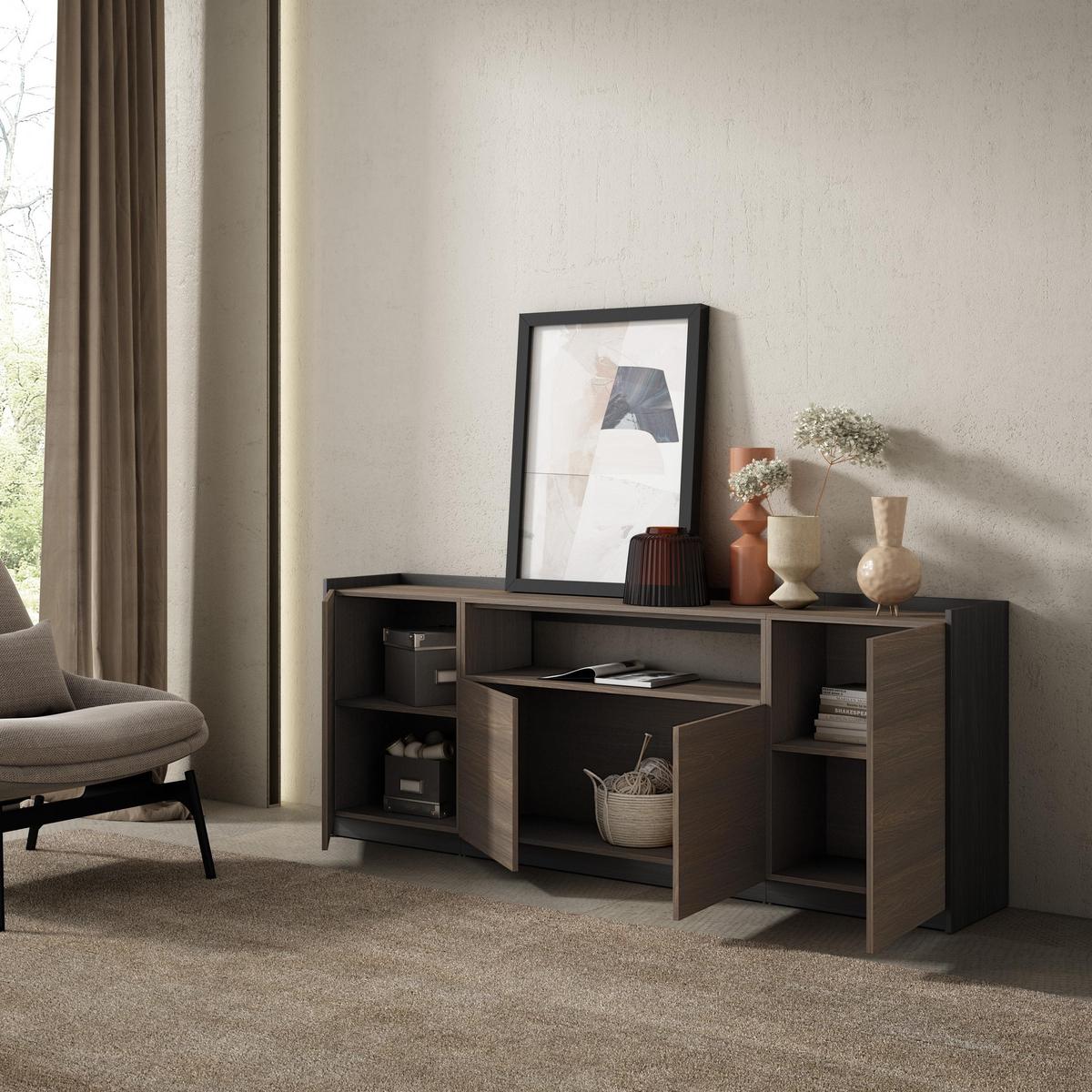 SIDEBOARD, Highboard, Dunkler Eiche und Schwarz, 207/37/80cm - Hellbraun, Holzwerkstoff (207/80/37cm) - Skraut Home