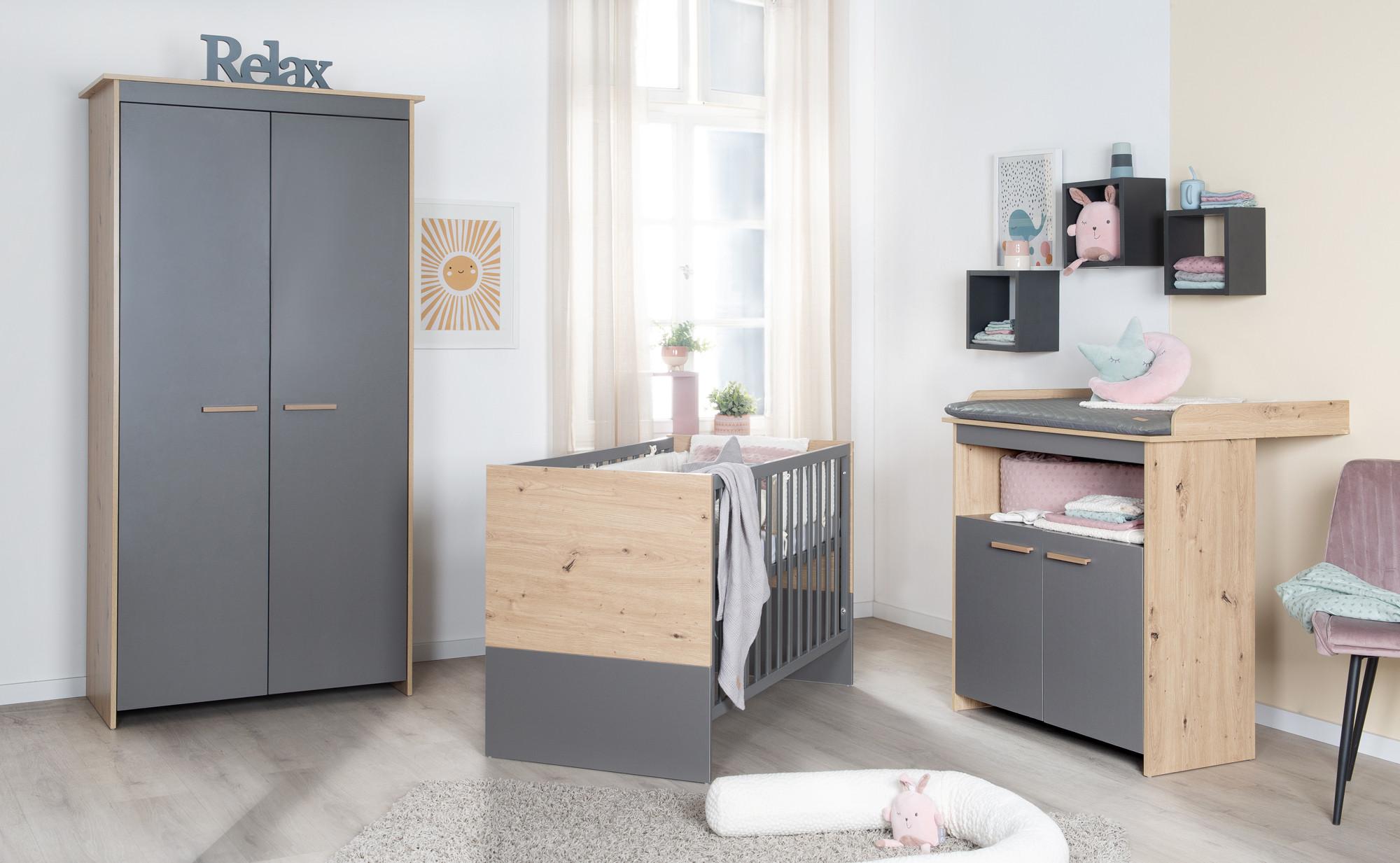 BABYZIMMER SET Anna 3-teilig - Alteiche/Anthrazit, Holz/Holzwerkstoff (96/190/50cm) - Roba