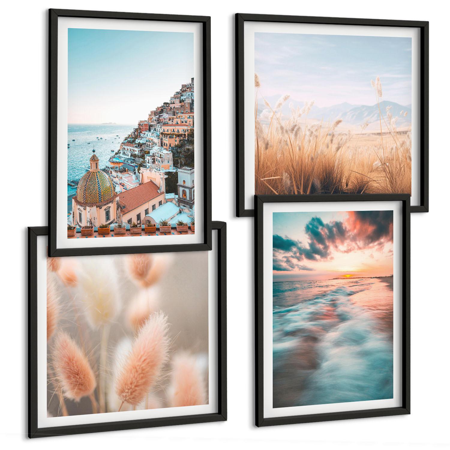 BILDER SET 4er Set - 50x50 cm & 40x60 cm Schwarzer Rahmen - Sonnenuntergang am Meer, Häuser, Blumen - Schwarz, Kunststoff (50/50cm) - TULUP