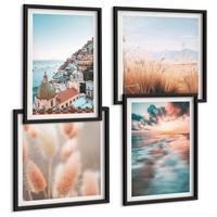BILDER SET 4er Set - 50x50 cm & 40x60 cm Schwarzer Rahmen - Sonnenuntergang am Meer, Häuser, Blumen - Schwarz, Kunststoff (50/50cm) - TULUP