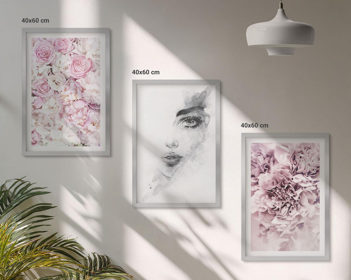 BILDER SET 3er Set - 40x60 cm Silberner Rahmen - Pfingstrosenporträt einer Frau in Schwarzweiß - Silberfarben, Kunststoff (40/60cm) - TULUP