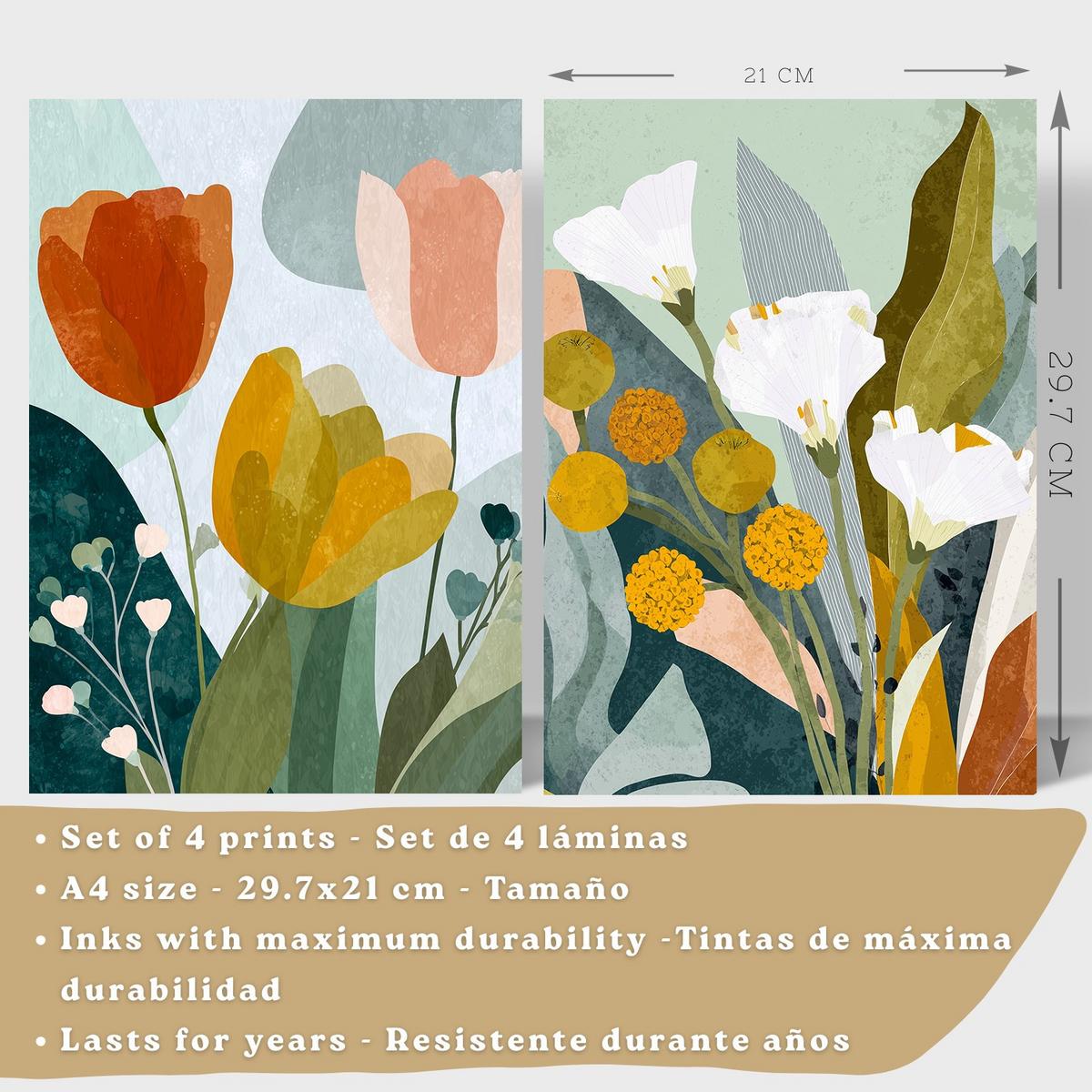 POSTER 4er-Set dekorative Badezimmerdrucke, moderne abstrakte florale Wandposter farbenfrohe nordische Dekoration Leichter Holzrahmen A4 - Beige, Papier (29.7/21/3cm) - Nacnic