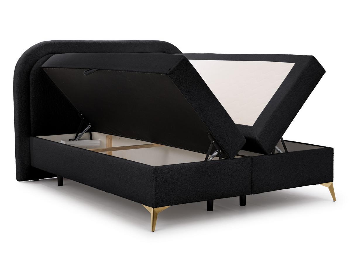 BOXBETT Sonna 160/200 cm Schwarz Bouclé-Stoff mit abgerundetem Kopfteil und mit goldenen Metallfüßen - Goldfarben/Schwarz, Holz/Textil (160/200cm) - S-Style Möbel