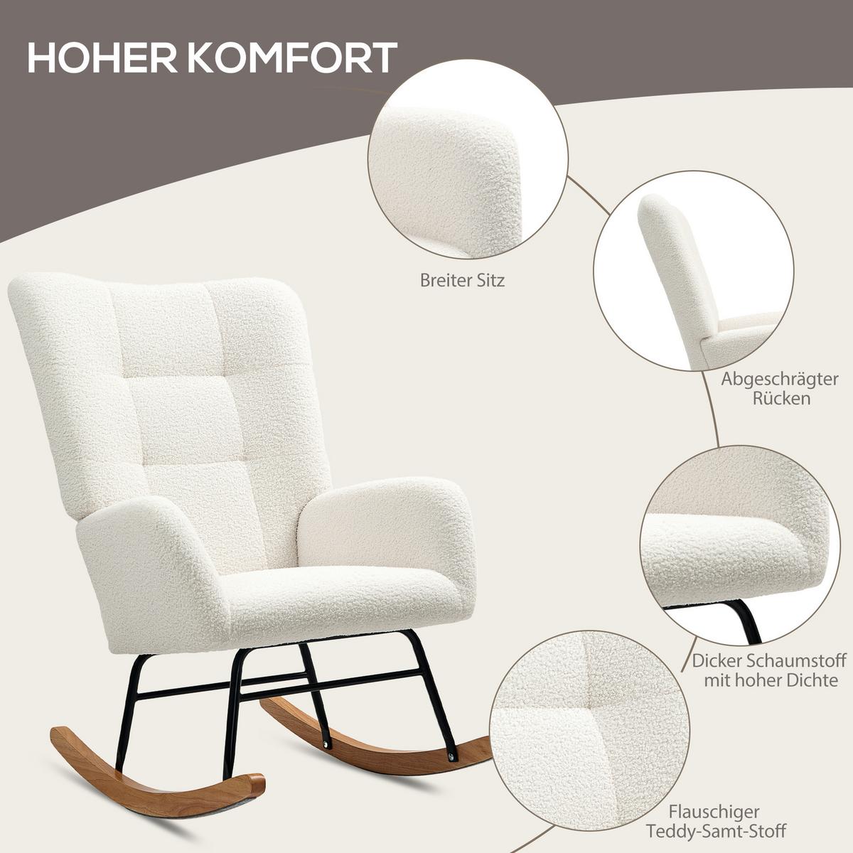 SCHAUKELSTUHL, Schaukelsessel mit Armlehne, Teddysamt-Optik, Cremeweiß - Creme/Naturfarben, Holz/Textil (70/100/94cm) - HOMCOM