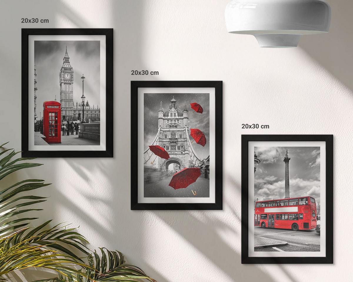 BILDER SET 3er Set - 20x30 cm Schwarzer Rahmen - Roter Regenschirmstand und Londoner Bus - Schwarz, Kunststoff (20/30cm) - TULUP