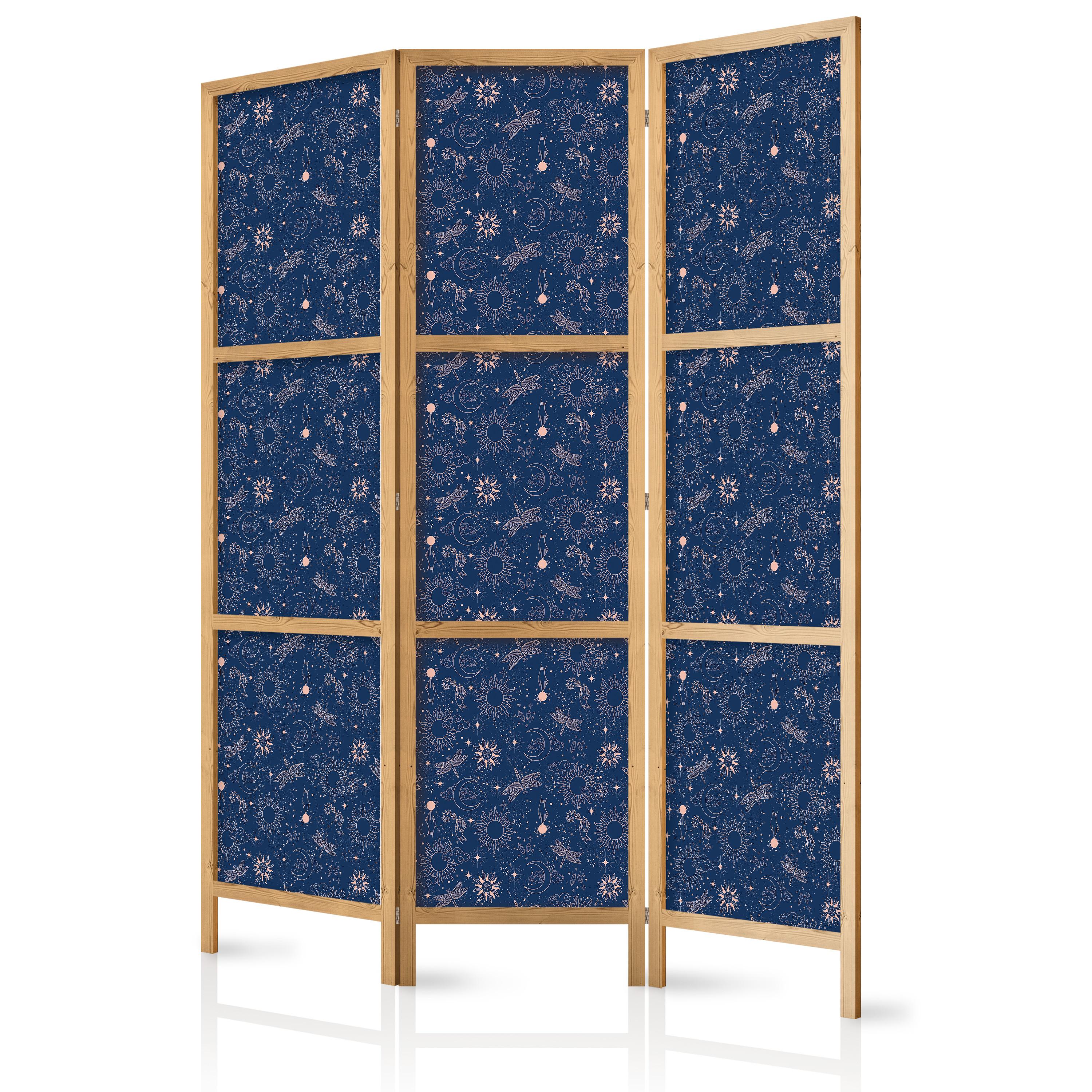 PARAVENT Japanischer 3-tlg 135x172 cm Kosmische Inspiration - Blau, Holz/Textil (135/172/3cm) - Muralo