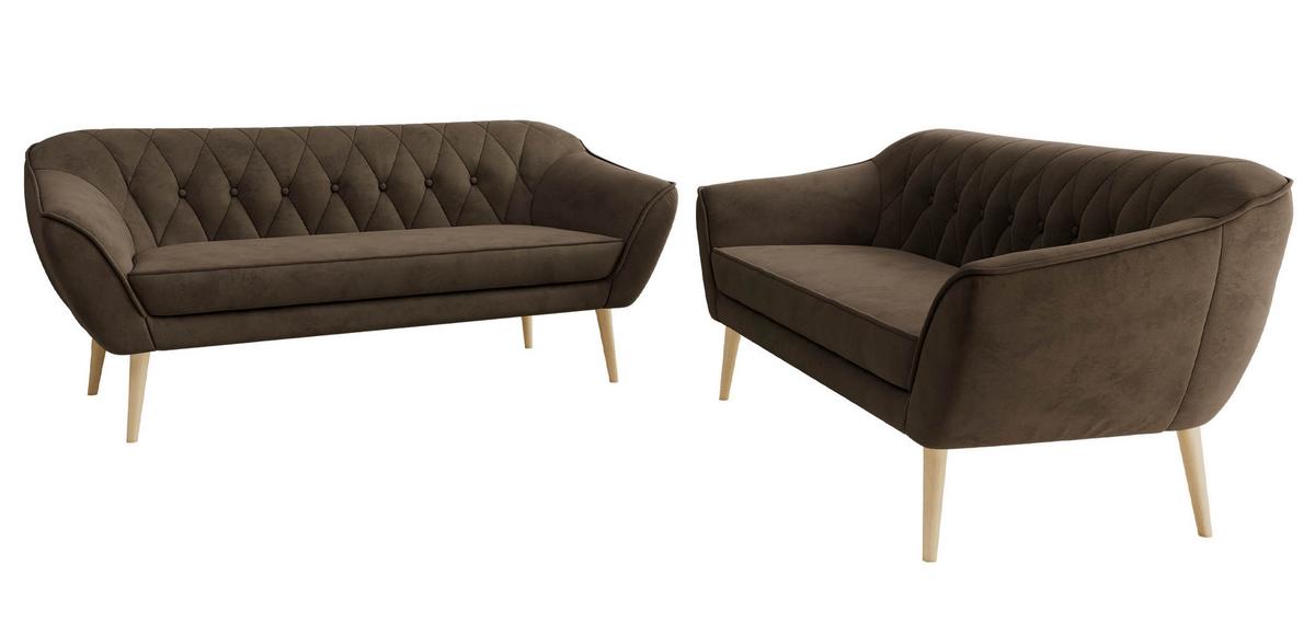 SITZGARNITUR PIRS 3+3 - Braun Velvet - Holzbeine - Dunkelbraun/Buchefarben, Holzwerkstoff/Textil (180/75/74cm) - MKS