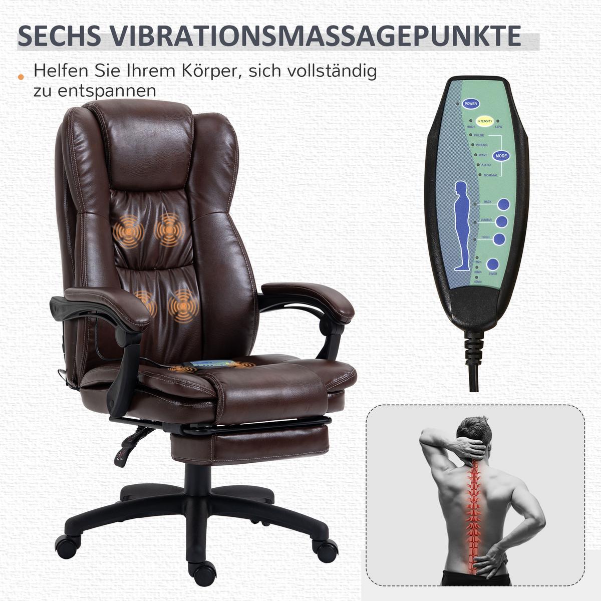 VERSTELLBARER Drehstuhl mit Fußstütze, Kopfstütze, Massagefunktion, Braun - Schwarz/Braun, Kunststoff (68.5/121/68.5cm) - Vinsetto