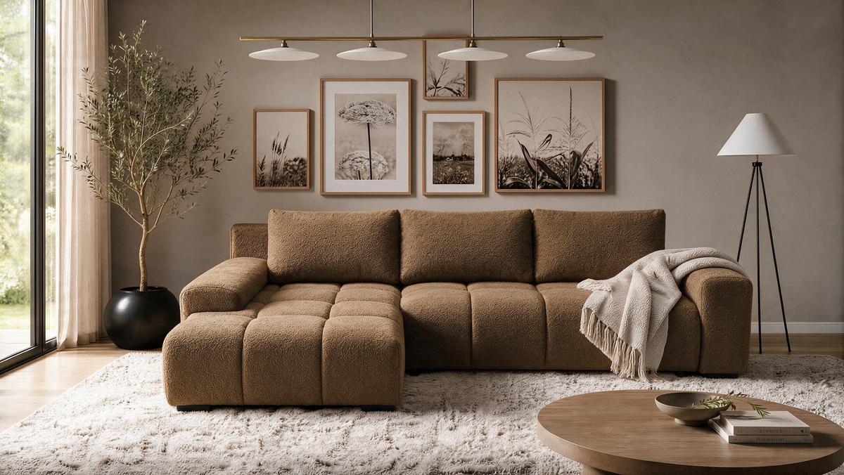 ECKSOFA Ovia mit Bettkasten und Schlaffunktion, Bouclé-Stoff in L-Form - Braun, Textil (270/185cm)