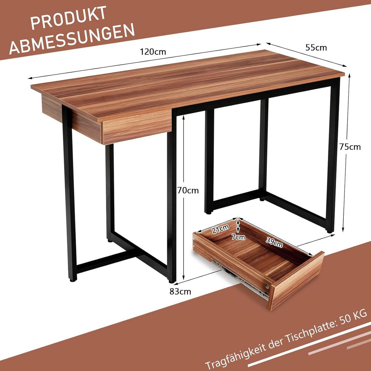 SCHREIBTISCH 75cm Braun - Braun, Holz (55/120/75cm) - COSTWAY
