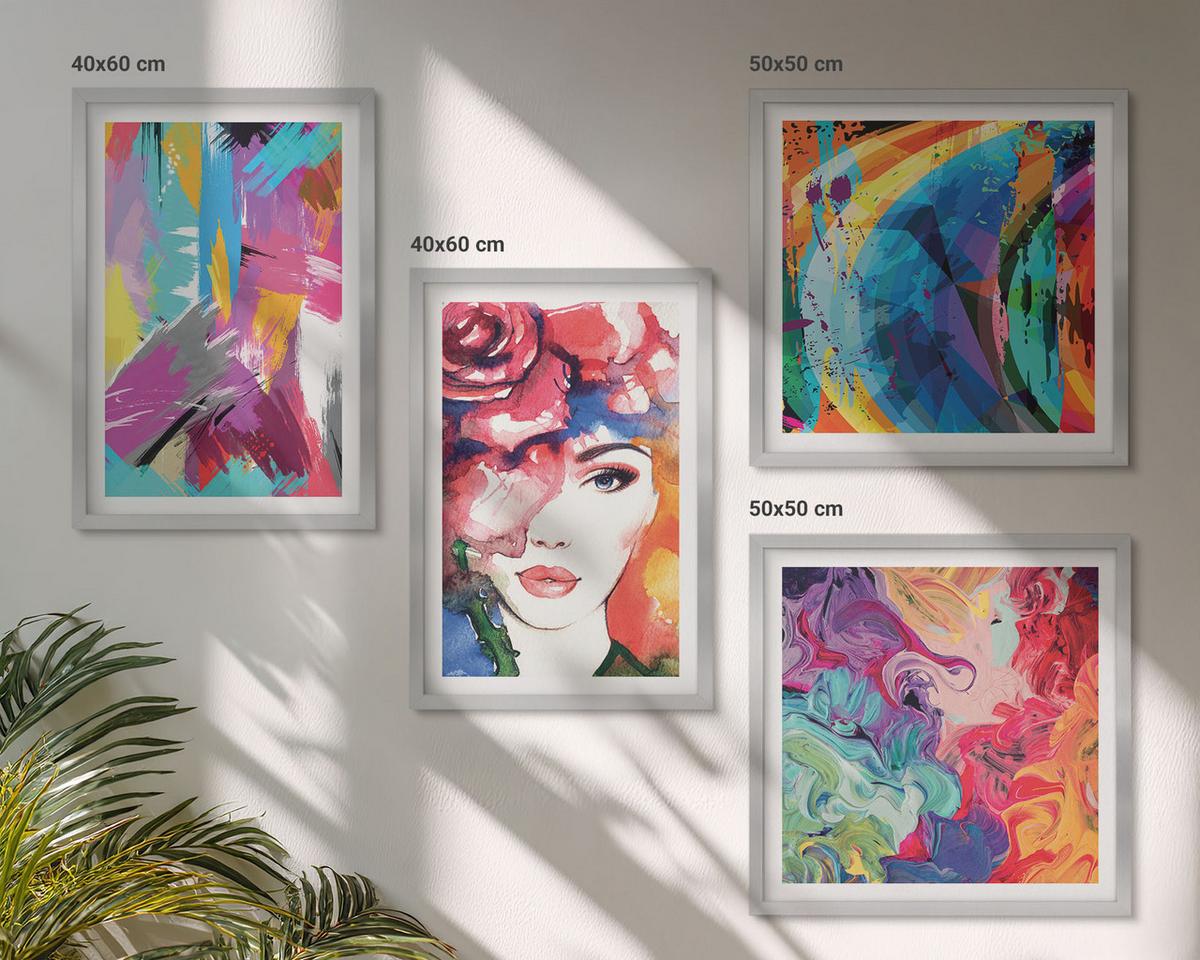 BILDER SET 4er Set - 50x50 cm & 40x60 cm Silberner Rahmen - Farbenfrohes abstraktes Porträt - Silberfarben, Kunststoff (50/50cm) - TULUP