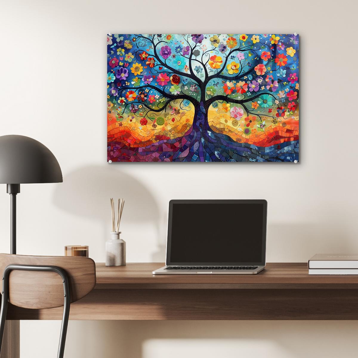 ACRYLGLASBILD Kunst - Baum des Lebens - Blumen - Hippie Wanddeko 60x40 cm - Dunkelblau, Glas (60/40cm) - MuchoWow