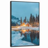 LEINWAND Bilder mit Rahmen - Winterlandschaft - Natur - Haus - Berge - Schnee - 100x150 - Hellblau, Textil (100/150cm) - MuchoWow