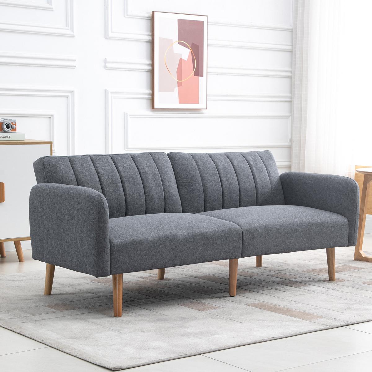 SCHLAFSOFA Klappsofa 2-Sitzer Stoffsofa Sofa mit Schlaffunktion Leinen-Touch - Naturfarben/Grau, Holz/Textil (75/73/173cm) - HOMCOM