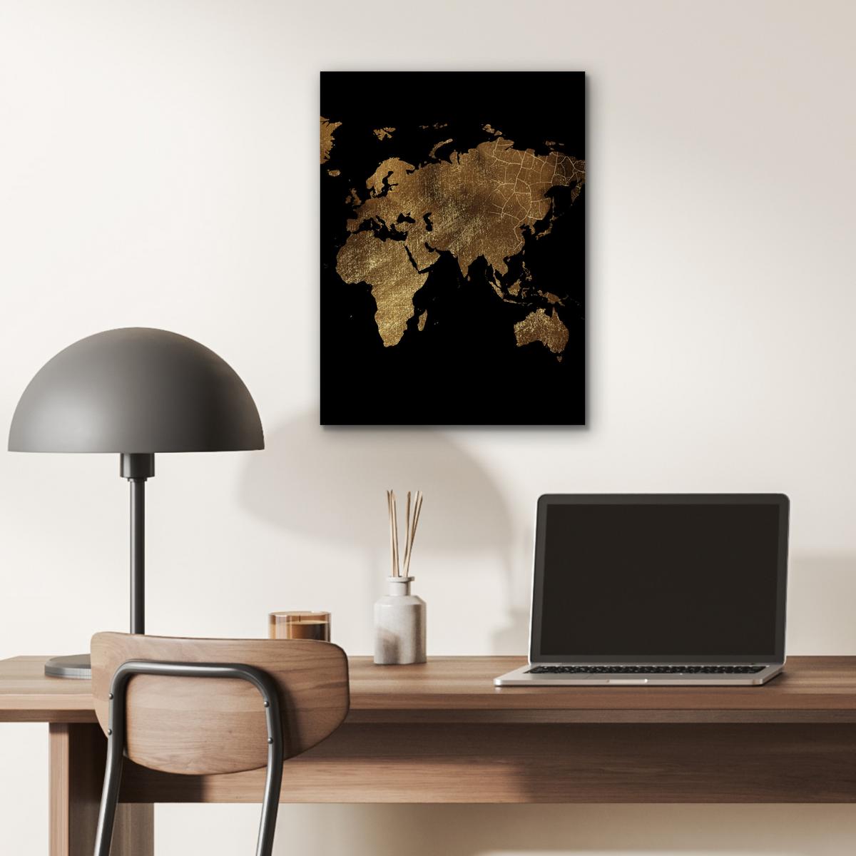 METALLBILD Weltkarte - Gold - Luxus - Erde - Schwarz 30x40 cm - Goldfarben, Metall (30/40cm) - MuchoWow