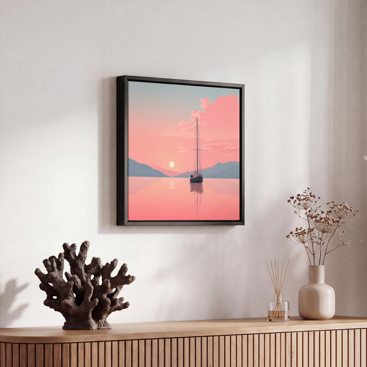 LEINWAND Bilder mit Rahmen - Segelboot - Rosa Meer - Sonnenuntergang - Berge - 20x20 - Rosa, Textil (20/20cm) - MuchoWow