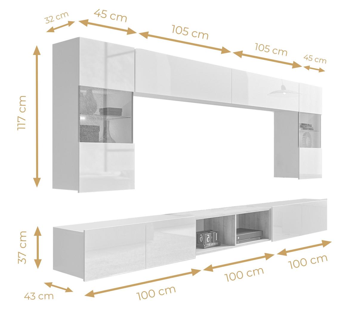 WOHNWAND Kossana 24 Modern Weiß/Goldene Eiche 300/154/43 cm Wohnzimmer Design - Weiß, Holzwerkstoff/Kunststoff (300/157/43cm) - AX Living