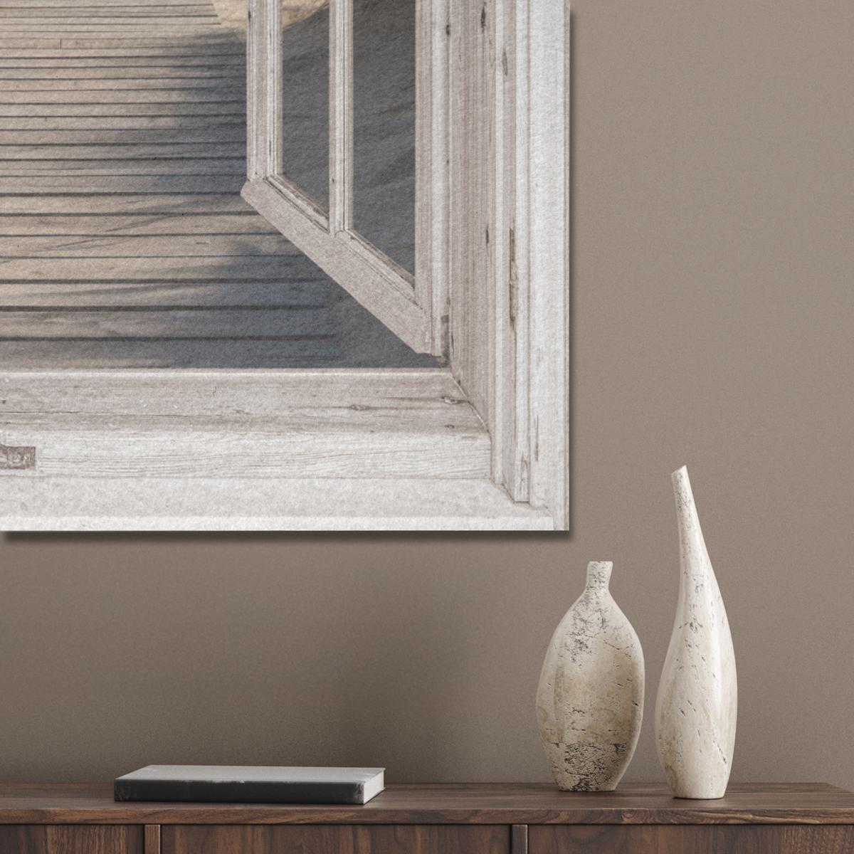 AKUSTIKBILD Fenster - Meer - Küste - Natur - Ausblick - Strand - Wattenmeer Wanddeko 70x100 cm - Beige, Kunststoff (70/100/0.9cm) - MuchoWow