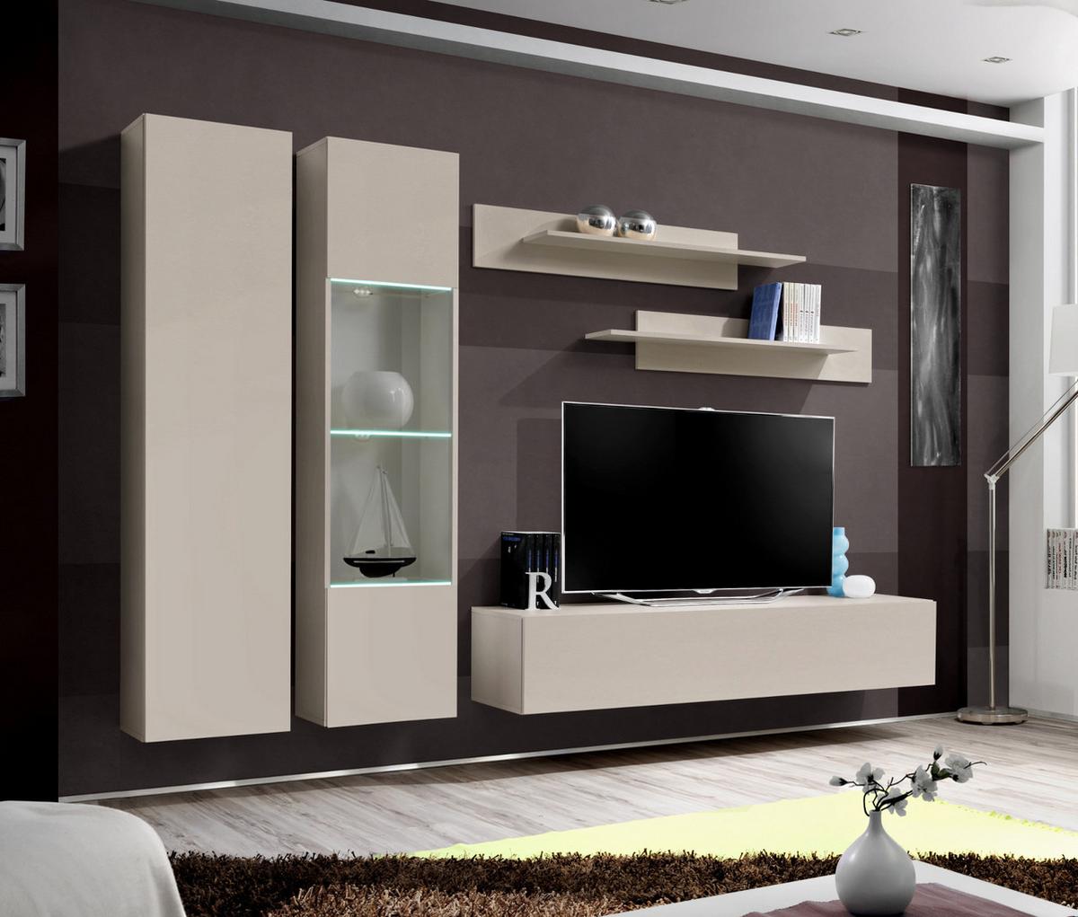 WOHNWAND Kaschmir 260 cm 5-teilig hängend, Anbauwand mit LED-Beleuchtung - Kaschmir, Glas/Holzwerkstoff (260/170/40cm) - Inn.Furn