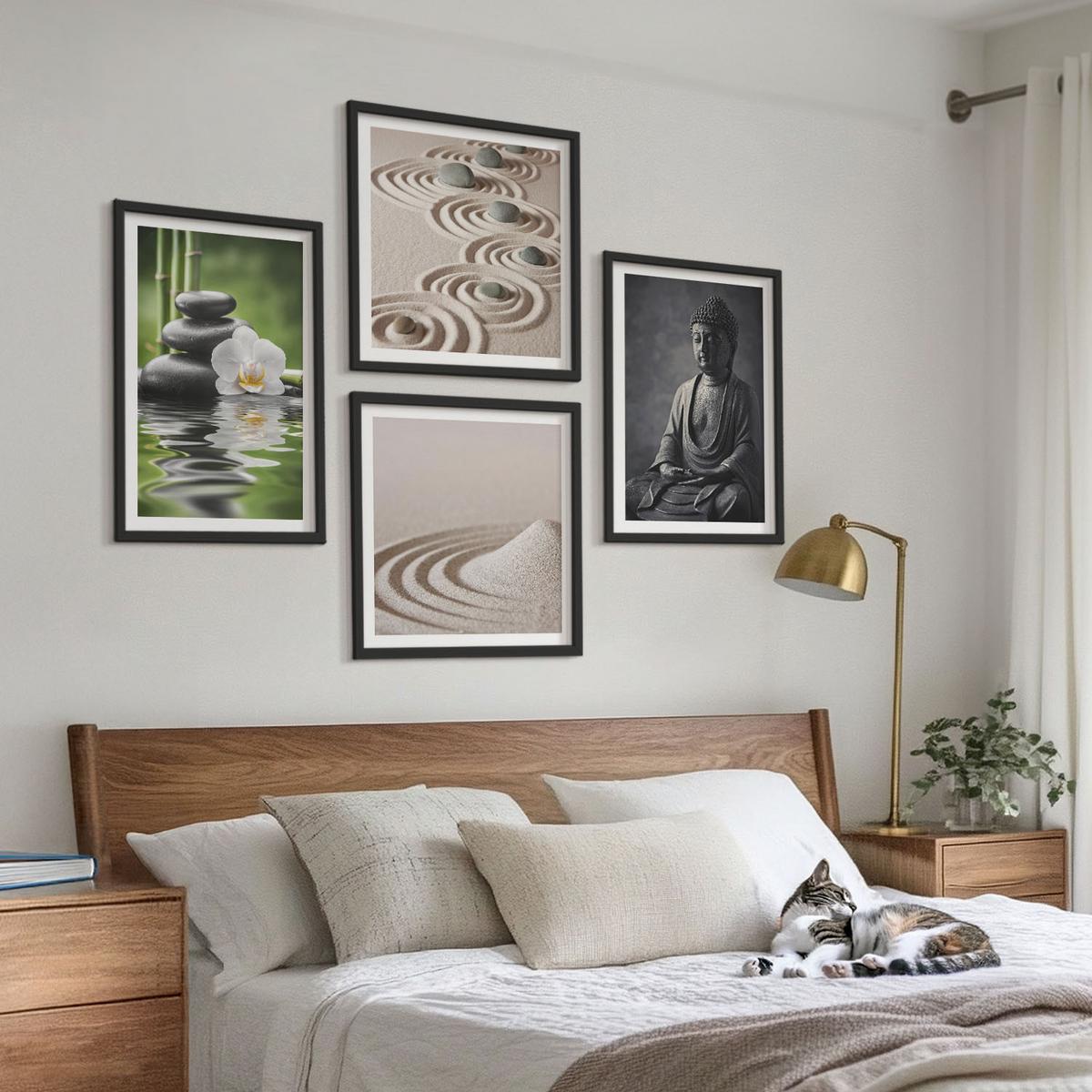 BILDER SET 4er Set - 50x50 cm & 40x60 cm Schwarzer Rahmen - Ein entspannter Buddha am Strand - Schwarz, Kunststoff (50/50cm) - TULUP