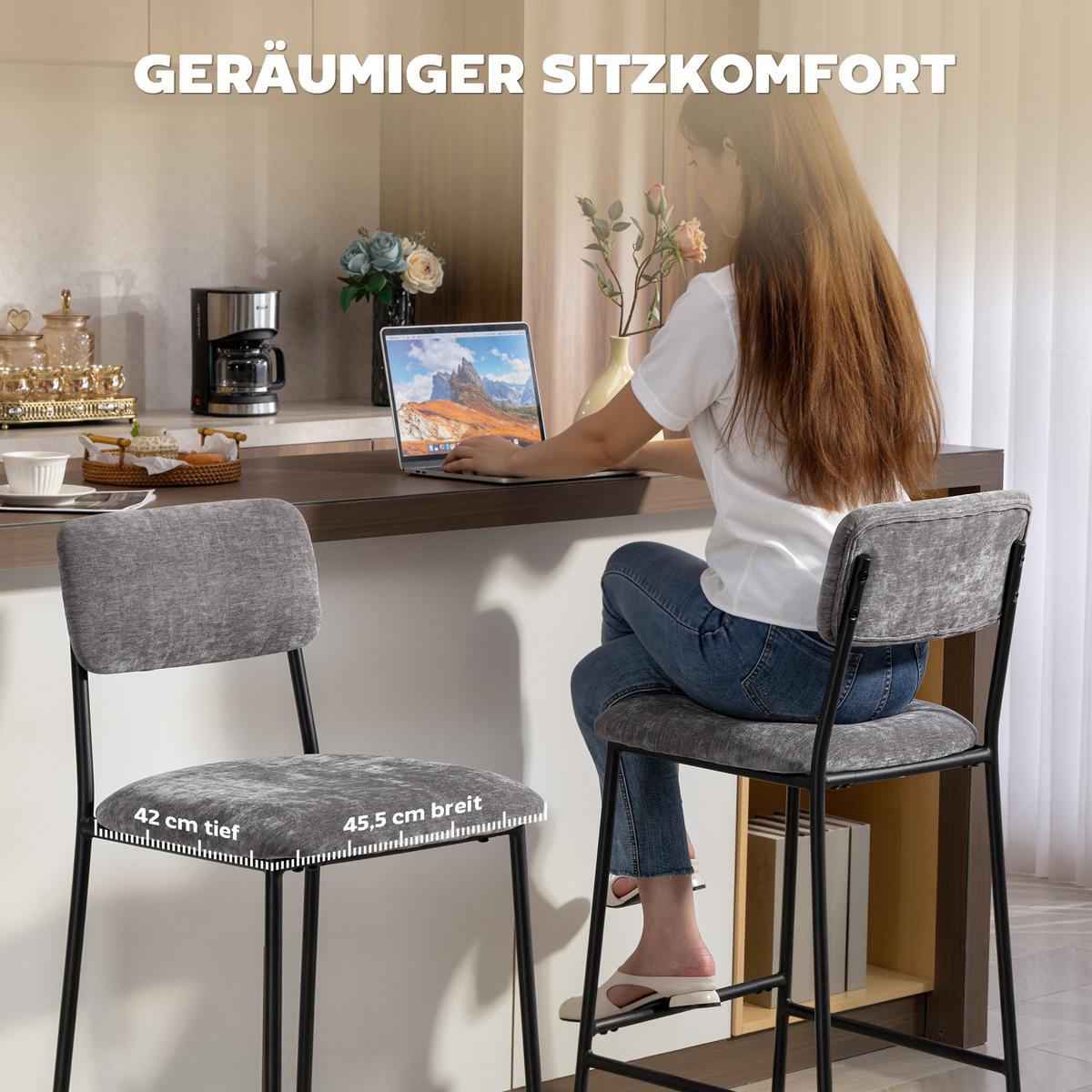 BARHOCKER 2er Set Barstuhl, Tresenhocker mit Fußstütze, Rückenlehne Grau - Schwarz/Grau, Textil/Metall (45.5/101/48cm) - HOMCOM