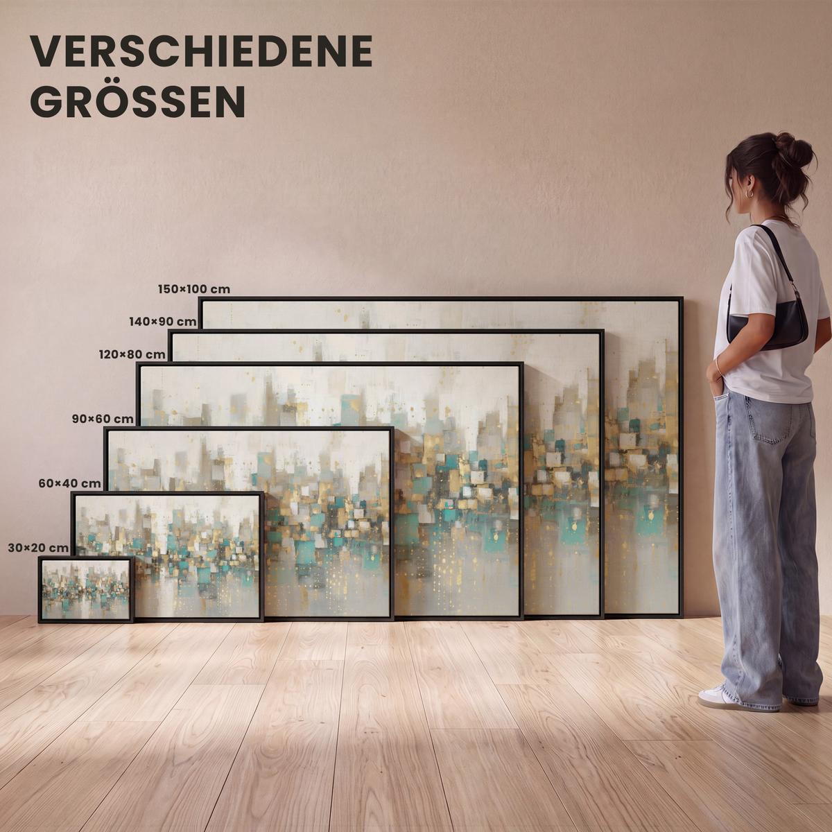 LEINWAND Bilder mit Rahmen - Abstrakt - Blöcke - Gold - Skyline - 140x90 - Beige, Textil (140/90cm) - MuchoWow