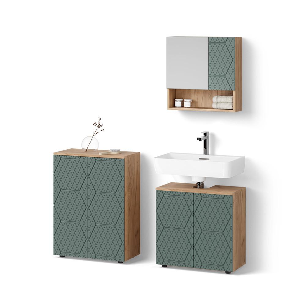 BADMÖBEL-SET Ronco Grün/Goldkraft Eiche 3 Teile, mit Unterschrank 60 cm - Honigeiche/Grün, Holzwerkstoff (60/59/30cm) - Livinity®