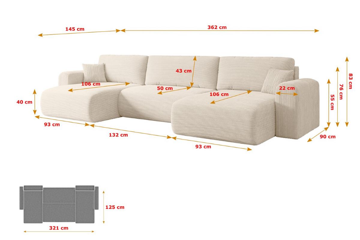WOHNLANDSCHAFT mit Schlaffunktion und Bettkasten ORRO-U - 362x145x83 cm Beige Cord - Beige/Schwarz, Holzwerkstoff/Kunststoff (362/83/145cm) - ALTDECOR