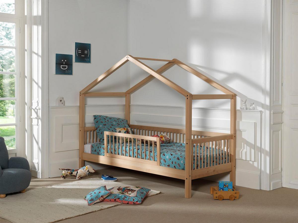 HAUSBETT Kelci 90x200 mit Dach und Rausfallschutz Buche massiv natur - Buchefarben, Holz (90/200cm) - 58aufmkessel