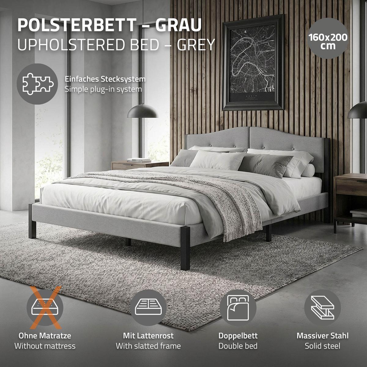 POLSTERBETT 160x200 cm Grau mit Lattenrost und Leinenstoff - Grau, Holzwerkstoff/Textil (160/200cm) - ML-DESIGN