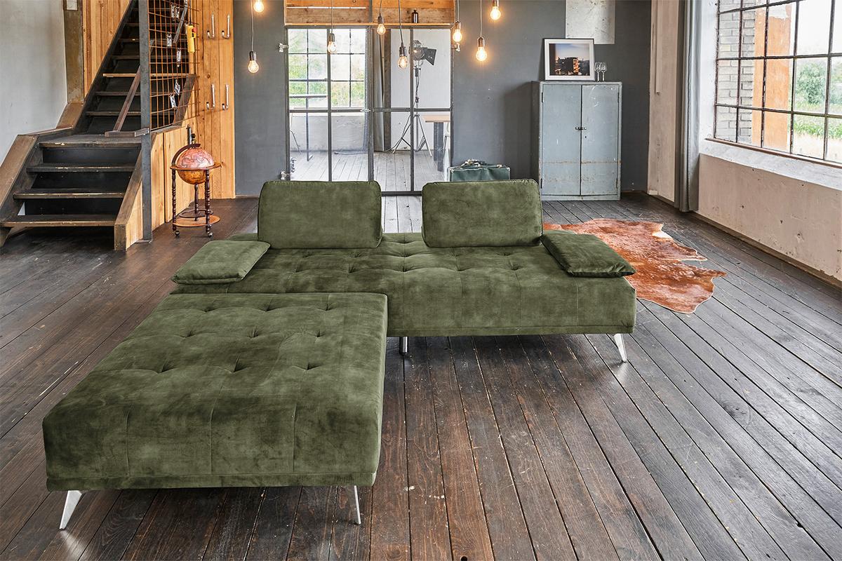 SOFA MIT HOCKER WIOLO Dunkelgrün Velvet - Dunkelgrün/Silberfarben, Textil/Metall (240/80/110cm) - KAWOLA