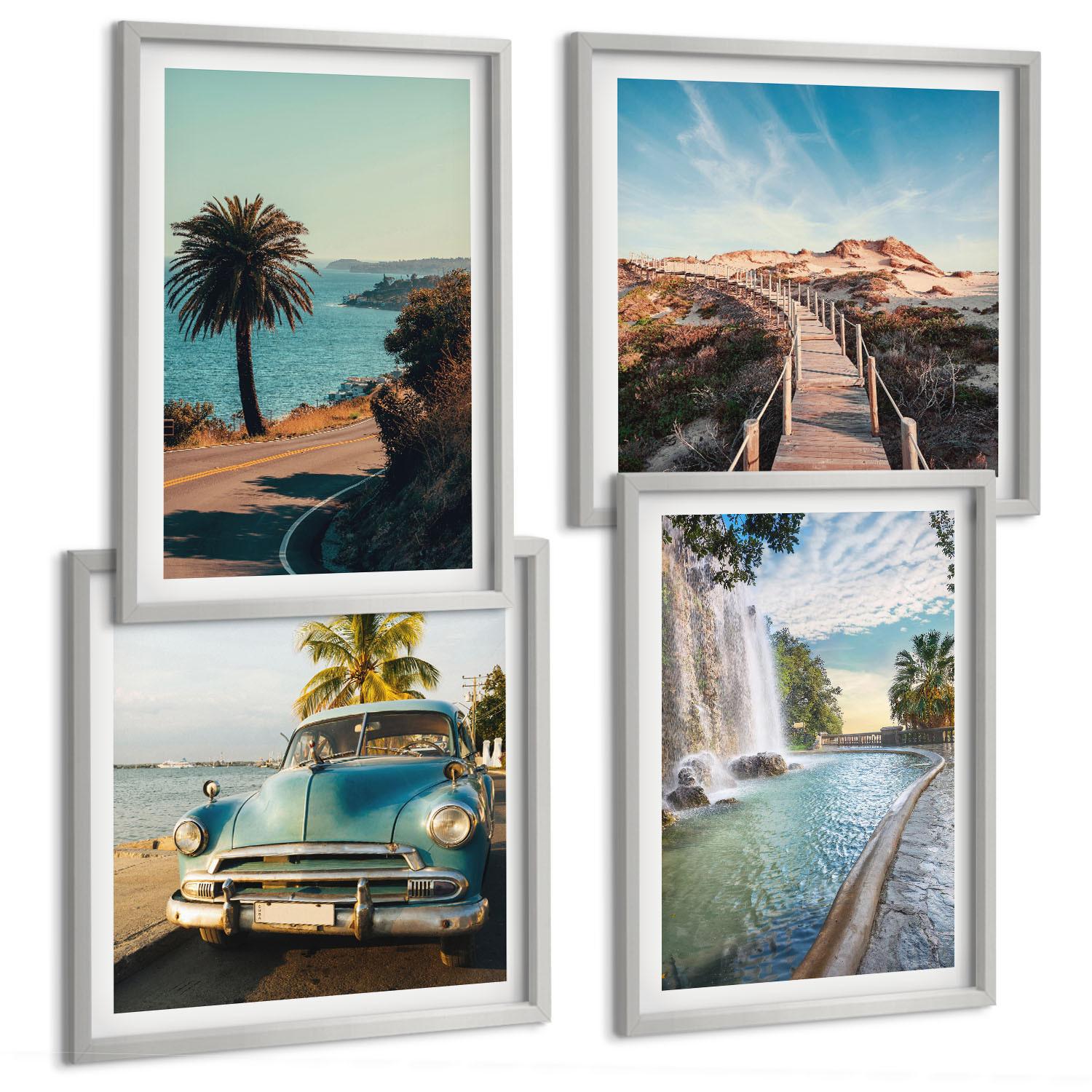 BILDER SET 4er Set - 50x50 cm & 40x60 cm Silberner Rahmen - Urlaub Palmen Wasserfall - Silberfarben, Kunststoff (50/50cm) - TULUP